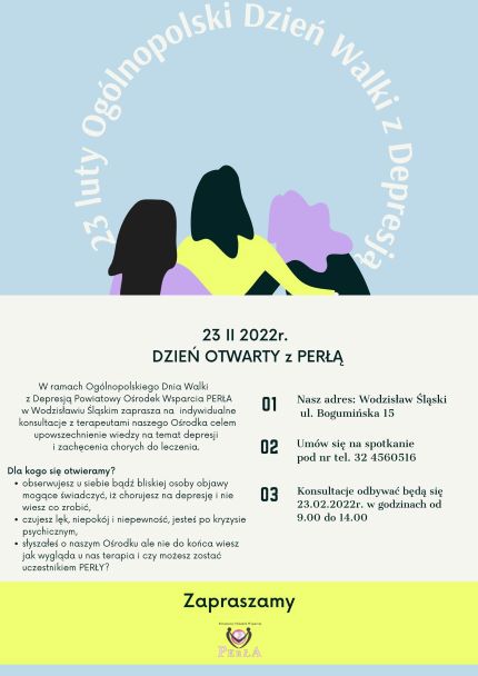 Na obrazku widać 3 kobiety tyłem, obejmujące się oraz informacje na temat Dnia Otwartego w Perle