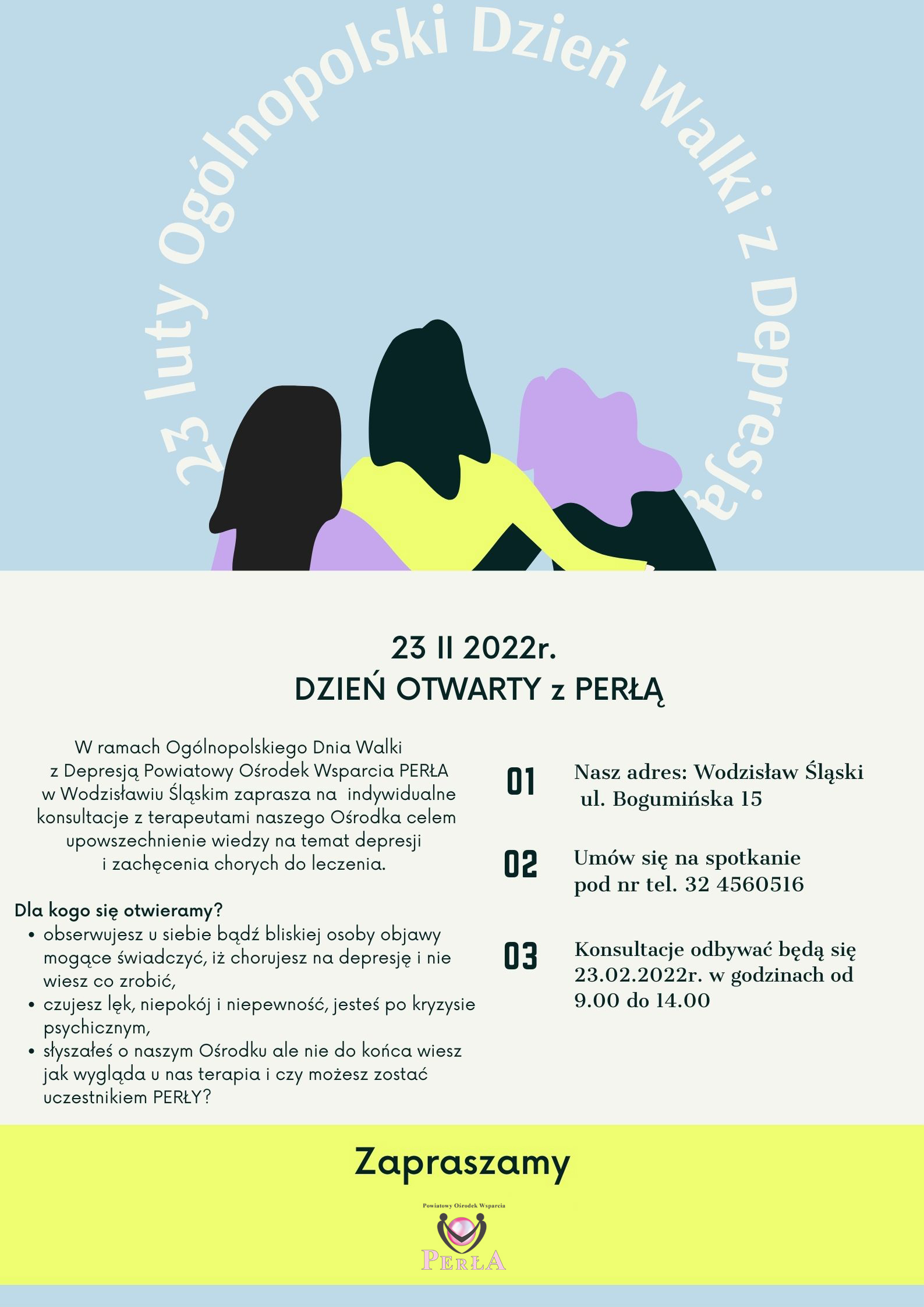 Na obrazku widać 3 kobiety tyłem, obejmujące się oraz informacje na temat Dnia Otwartego w Perle
