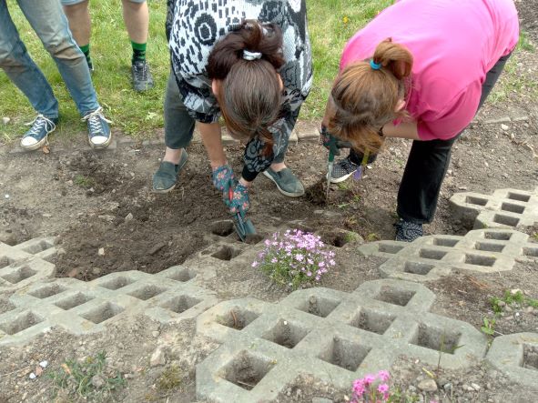 Dwie uczestniczki wysadzające floksy na skarpie w ogrodzie Ośrodka