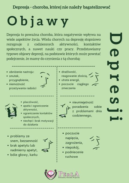 Na obrazku widać twarze wyrażające rózne emocje takie jak smutek, strach, płacz oraz informacje na temat objawów depresji