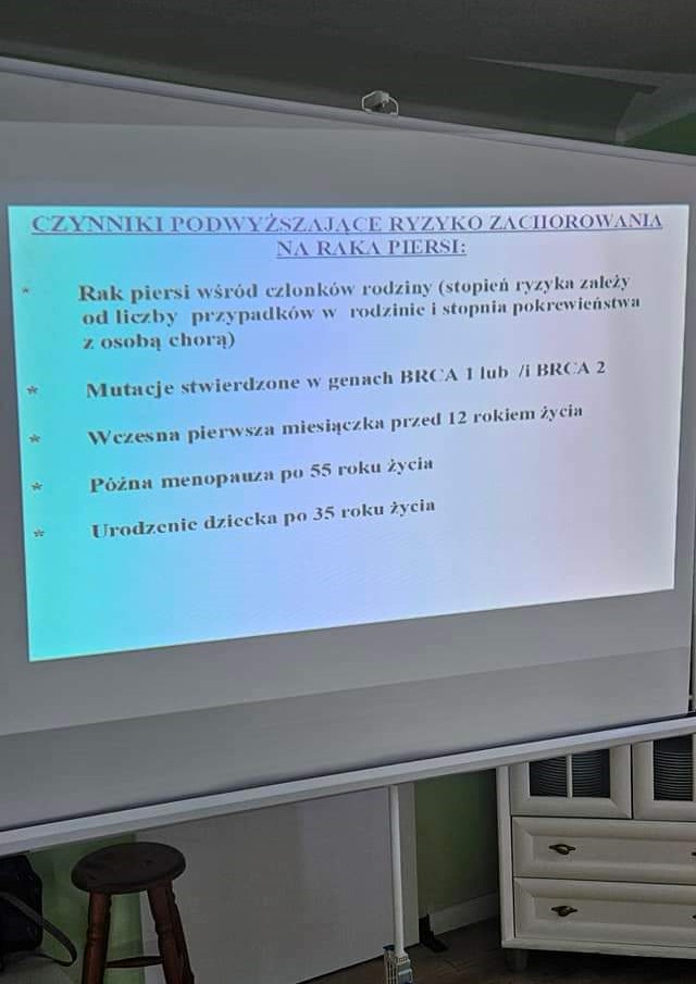 Na zdjęciu wiadać rzutnik z wyświetlonym slajdem na temat czynników podwyższających ryzyko zachorowania na raka piersi.