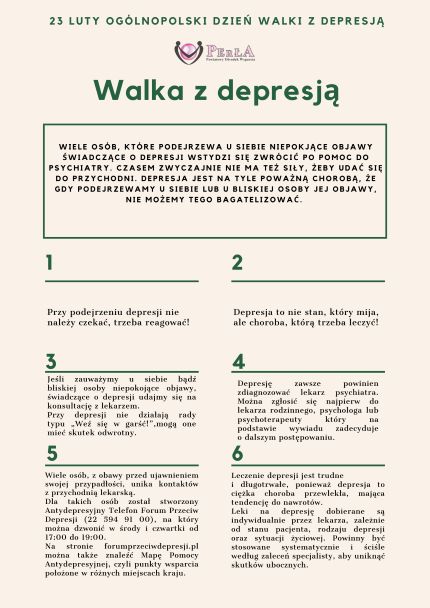 Na obrazku widać znak, logo perły , liczby od 1 do 6 informujące o sposobie walki z depresją